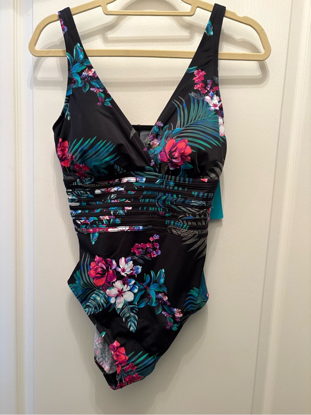 Floral AquaGreen Women's Waist Detail Over Shoulder One Piece Swimsuit Large NWT